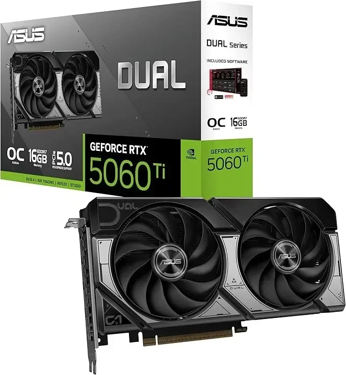 ASUS Dual NVIDIA GeForce RTX 5060 Ti 16GB graphics card product box and GPU