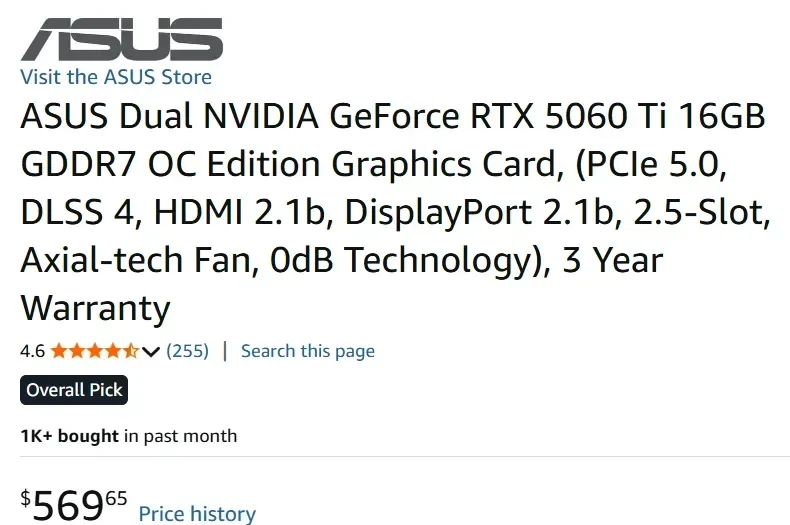 Amazon listing screenshot showing ASUS Dual NVIDIA GeForce RTX 5060 Ti 16GB price of $569.65