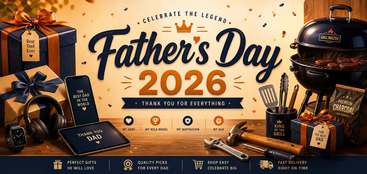 Father's Day 2026 banner featuring gifts, tools, grilling equipment, and tech gadgets