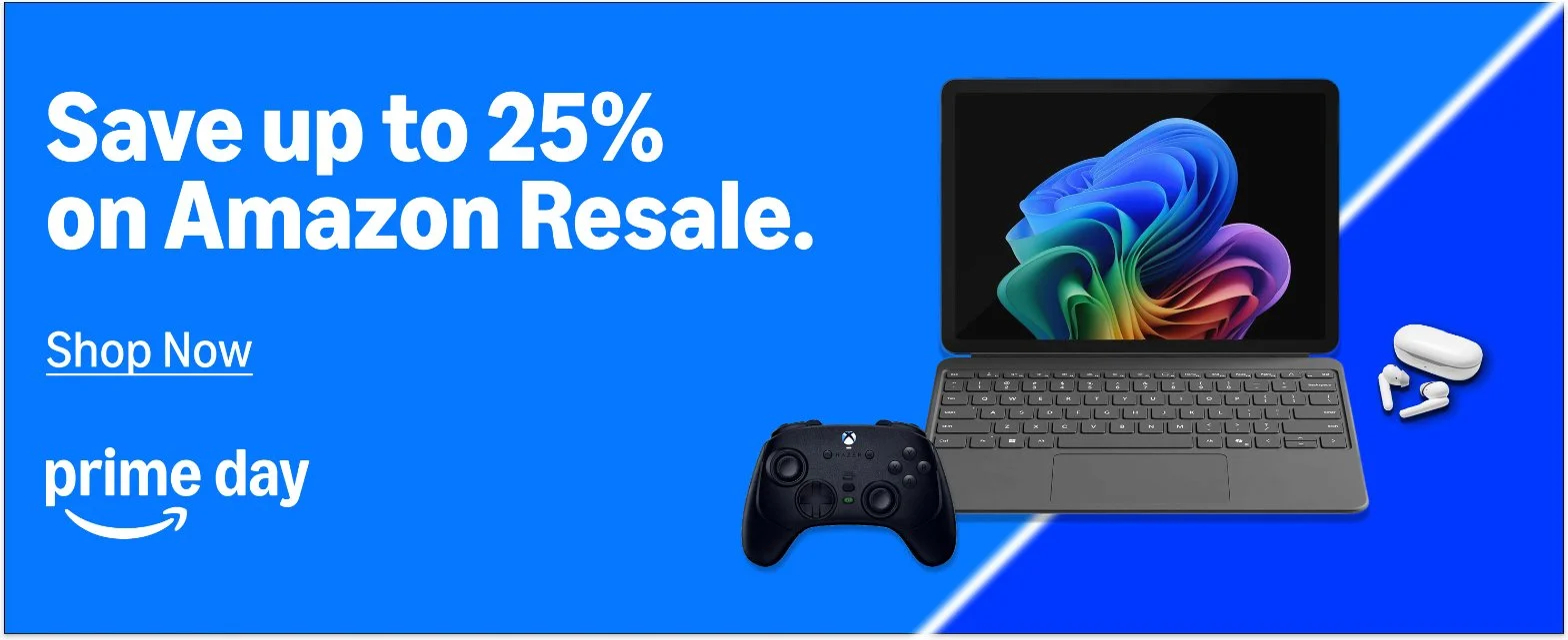 Amazon Prime Day warehouse deals promotional banner with blue background, laptop, Xbox controller, and wireless earbuds