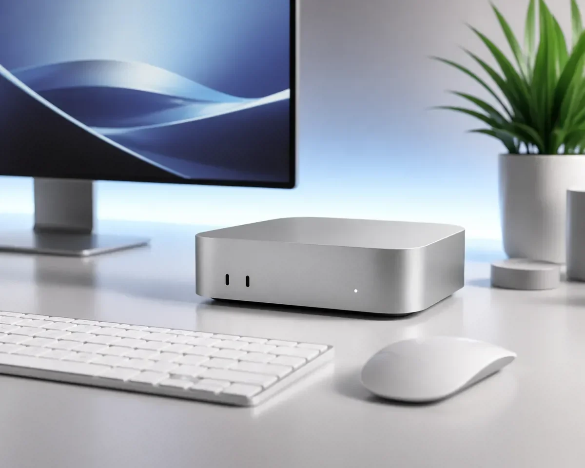 Apple Mac Mini M4 desktop computer with Magic Keyboard on a modern minimalist desk